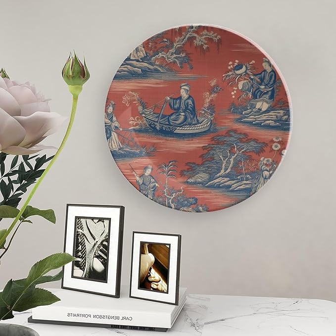 Cheng Toile Dynasty Red Chinoiserie Ceramic Decorative Plate of 6", 7", 9", 10", Personalized Hanging Decorative Tiles, Display Household Decorations Office, with Vertical Stand
