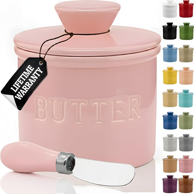 PriorityChef Butter Crock with Lid with Water Line, Ceramic French Butter Dish to Leave On Counter, Pink