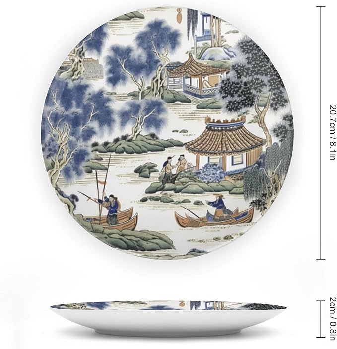 Asian Scenic in Blue And Kelly Green Chinoiserie Decorative Plate of 6", 7", 9", 10", Personalized Ceramic Display Plate, Wedding Kitchen Decorations Table, Including Bracket And Special Hook
