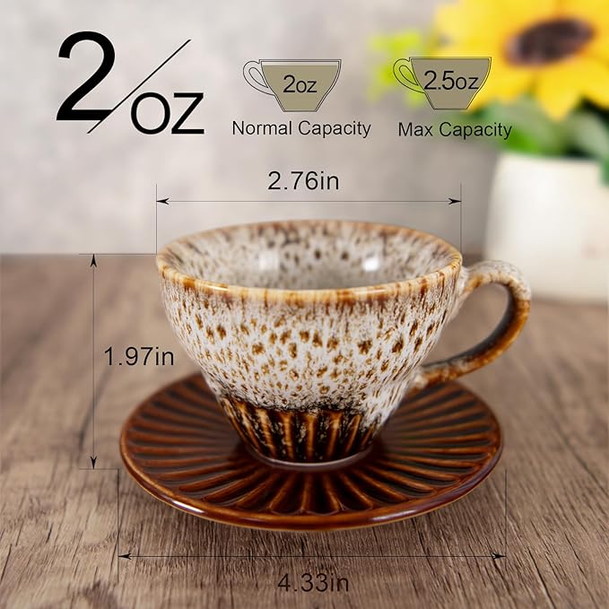 2 oz Espresso Cups Set of 6, Ceramic Cappuccino Cups with Saucers, Stackable Coffee Cup for Macchiato, Single shot, Tea, Coffee Lover Gifts, Glazed White