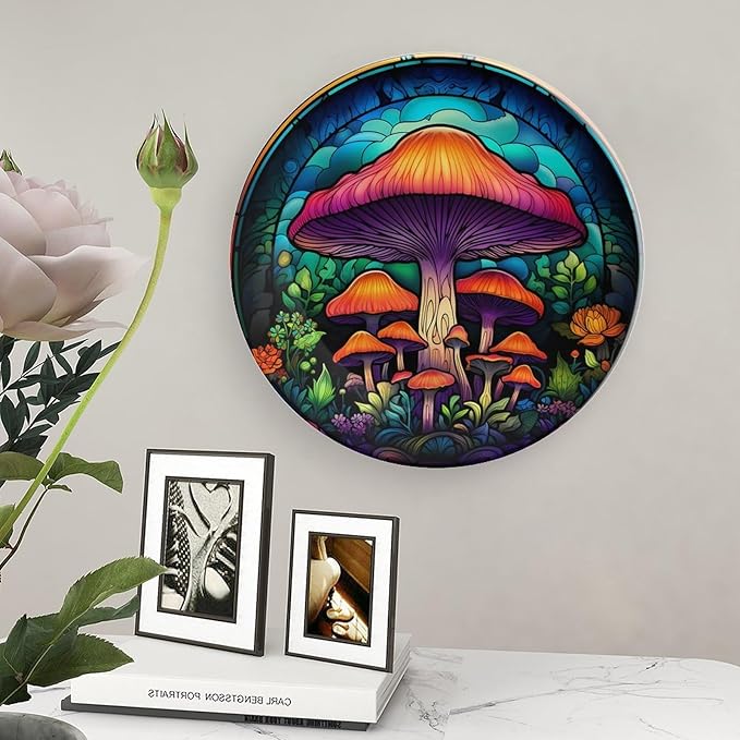 Decorative Plates, Forest Mushroom Stained Glass Painting Ceramic Dinner Plate Home Wobble-Plate with Display Stand, Wall Hanging Decor for Kitchen Household 8 Inch, Gifts for Mushroom Lovers
