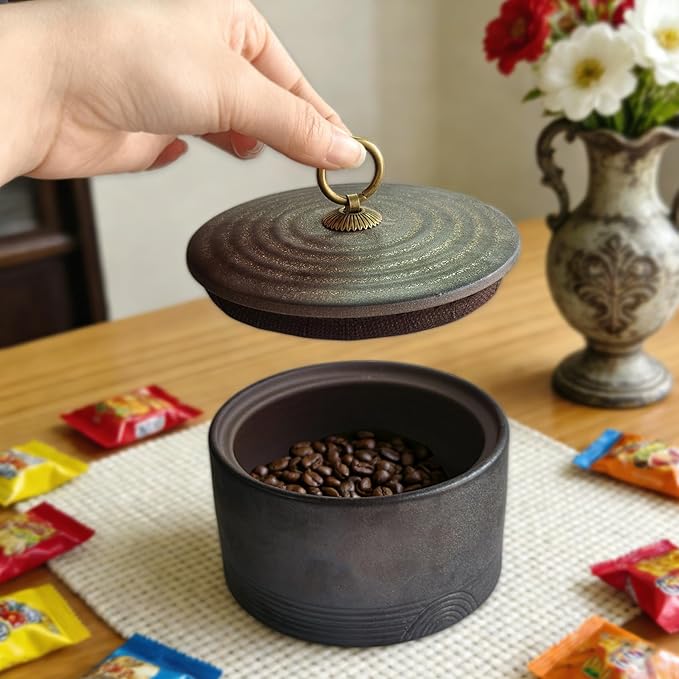 Dark Stoneware Ceramic Jar with Lid, 20.29 Oz Ceramic Tea Canister, Kitchen Countertop Decorative Sealed Storage Jar for Candy Nut Coffee Bean (Stone Black)