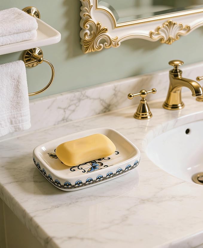 Kelake Ceramic Soap Dish Creative Ice Crack Ceramic Blue Butterfly and Flower Pattern Soap Dish Holder for Bathroom and Shower Soap Tray Box with Drain Gift for Mum Family