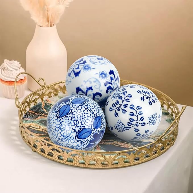 Kesywale Set of 3 Blue & White Porcelain Orbs Decorative Balls Ceramic Spheres for Centerpiece Bowl, Tray or Basket Decor 3 Inch Diameter (A)