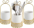 JUXYES Ceramic Silverware Holder For Tabletop, White Cutlery Holder With Golden Metal Bracket, Decorative Flatware Holder Countertop Utensil Holder Organizer for Wedding Kitchen Dining Tables