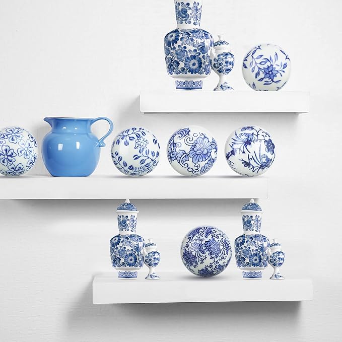 Vesici 9 Pcs Blue and White Porcelain Balls Decorative Chinoiserie Orbs for Centerpiece Bowls China Ceramic Balls Farmhouse Basket Tray Vases Decoration Gifts for Dining Table Holiday(Classic Style)
