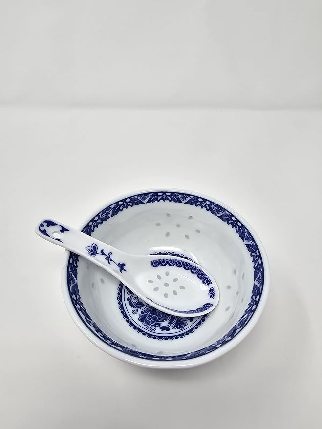 10 Pcs Fine Porcelain Blue and White Rice Pattern Bowls, Cereal Bowls, Rice Bowls with Free 10 Porcelain Spoons Jingdezhen China