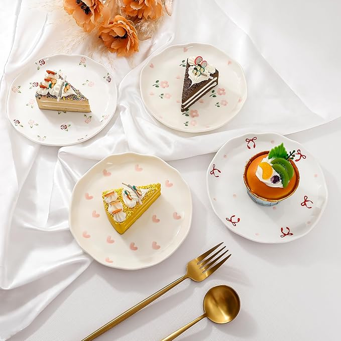 Koythin Ceramic Dessert Plates, Cute Fruits Dinner Plate, Printed Flowers Dinnerware for Office and Home, Kitchen Plates for Desserts (Double Flowers Blossoming)