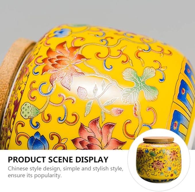 Cabilock Ceramic Tea Canister with Airtight Wood Lid Vintage Chinese Style Tea Storage Jars Traditional Tea Tins Cans Tea 230ML for Kitchen Spice Tea Coffee Condiment Yellow