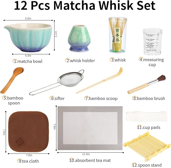 12 Pcs Matcha Whisk Set - Matcha Set Includes Ceramics Matcha Bowl and Cup, Matcha Kit for Ceremony Making Tools, Gift for Family/Friend Gradient blue-green