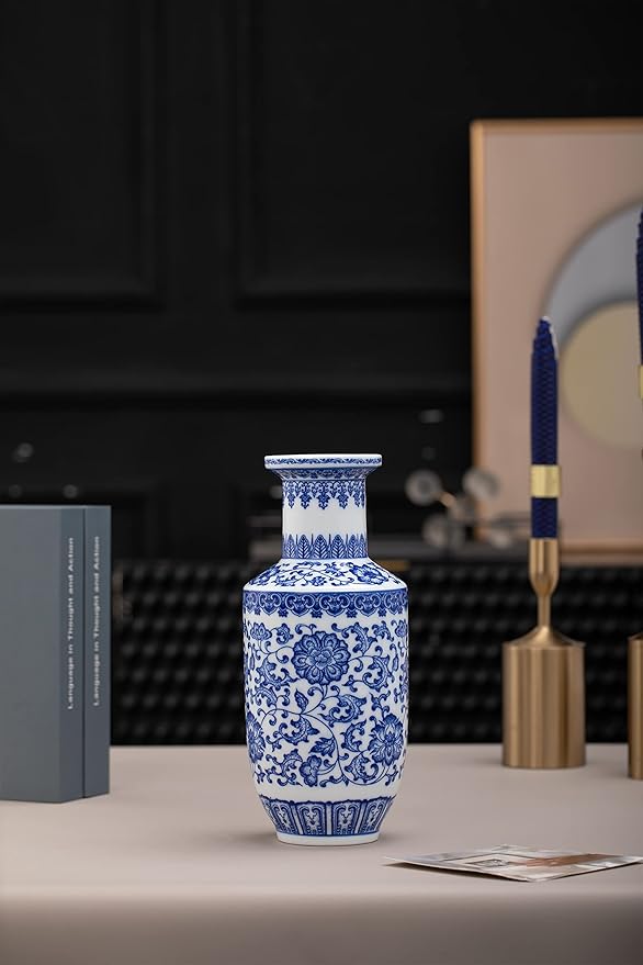 Blue and White Vase, Blue Vase, Chinoiserie Vase, Ginger Jar Vase for Home Decor, Porcelain Decor,10" H