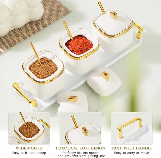 3 Pack Gold Condiment Spice Jars with Lids, Spoons, Tray - Ceramic Seasoning Box Set for Salt, Pepper, Sugar - Kitchen Storage