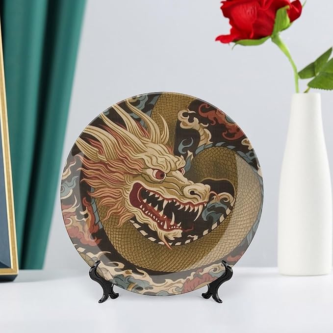 Dragon Gold Oriental Style Asian China Plates of 6", 7", 9", 10", Personalized Ceramic Craft for Decorative Ornaments, Table Home Decorations Wedding, with Display Stand And Hook Up