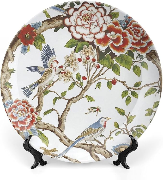 Chinoiserie Tree Peony Bird Floral Fashion Plates, Custom Coral Turquois Flowers And Birds Ceramic Craft for Decorative Ornaments, Display Farmhouse Decorations Wedding, with Vertical Stand