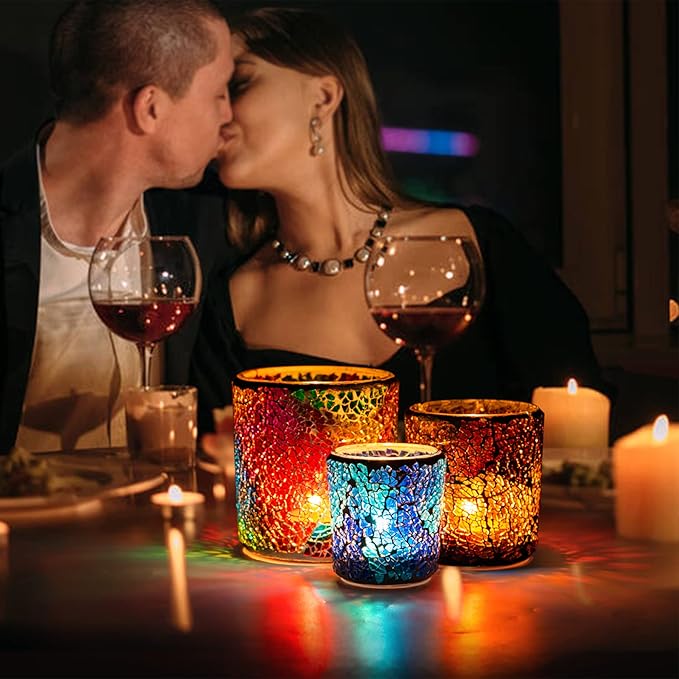 Rancco Tea Light Candle Holder Mosaic Glass Candle Jars, Handmade Romantic Tealight Holders for Make Candles and Essential Oil Diffuser, Table Centerpiece, Bath Decor, Set of 3 in 3 Size, Multicolor