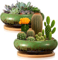 2 Pack 7.3 Inch Round Large Shallow Succulent Ceramic Planter Pots with Drainage Hole Drip Glazed Shallow Bonsai Pot with Bamboo Tray for Indoor Outdoor Plants Decor Cactus Flower