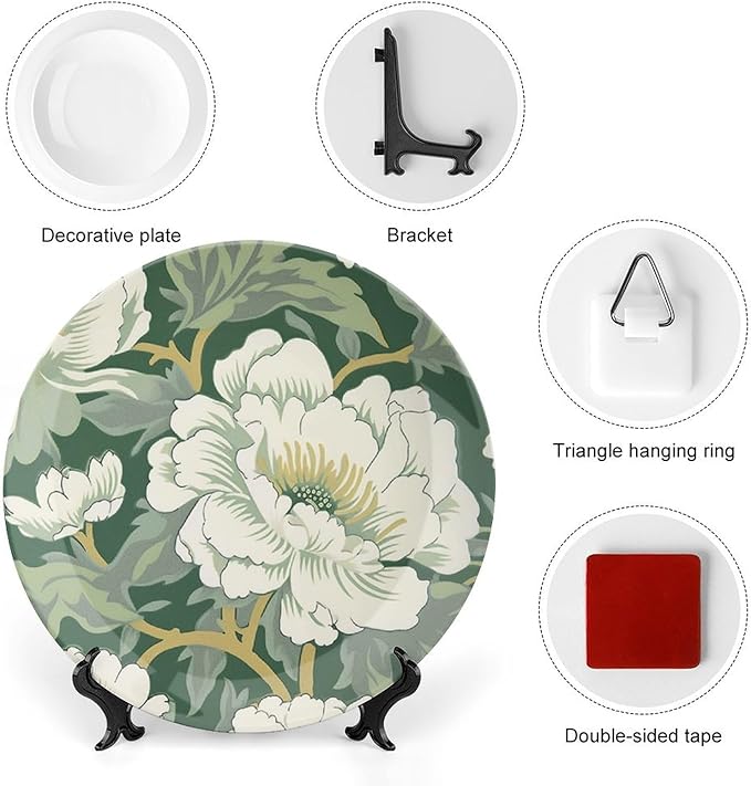 Green And White Chinoiserie Pastel Floral Vintage Plates for Display Farmhouse Office Supplies Kitchen Housewarming Gifts Holiday Party Decorations Customize Gifts for Men Women Halloween