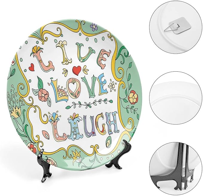 XISUNYA 7 Inch Decorative Plate, Live Laugh Love Decor Ceramic Craft, Ornate Doodle Wreath Inspiring Quote Print Ceramic Wall Hanging for Home Office Party Dinner Table Decor, Multicolor
