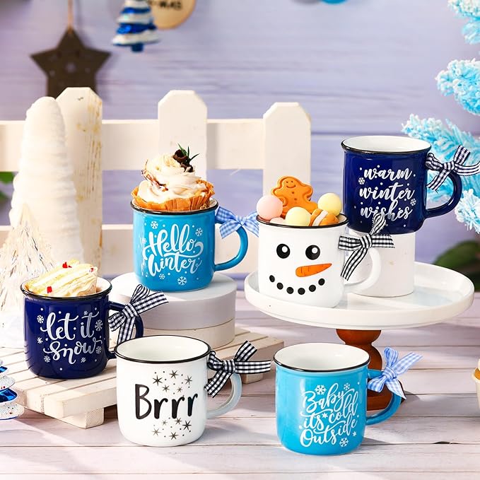 Hello Winter Snowman Mini Coffee Mugs Set of 6 Let It Snow Snowflake Mini Cups Tiered Tray Decor for Xmas Winter Holiday Kitchen Coffee Bar Decorations Housewarming Gift
