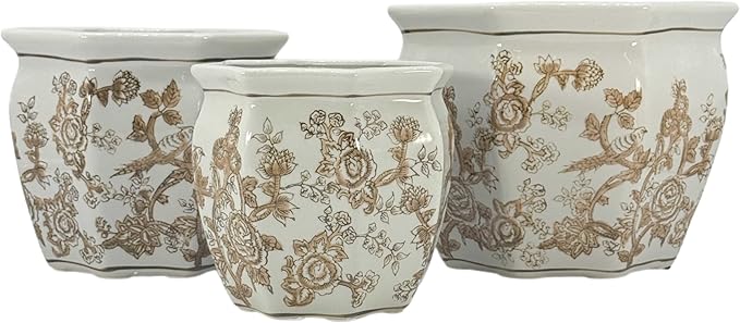 Galt International Brown & White Round Fluted Floral Porcelain Ceramic Plant Flower Planter Pot Set of 3 (7.5", 10", 13") Garden Pots Chinese Asian Design