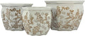 Galt International Brown & White Round Fluted Floral Porcelain Ceramic Plant Flower Planter Pot Set of 3 (7.5", 10", 13") Garden Pots Chinese Asian Design