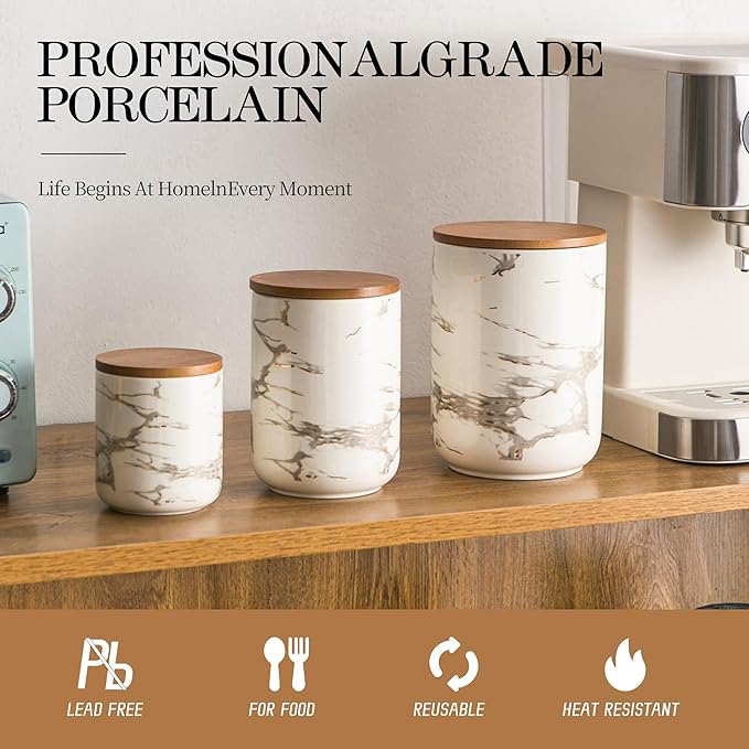 JOJUNO White Ceramic Canister Set with Bamboo Lid – 3-Piece Airtight Food Storage Jars for Kitchen Counter – Glossy Marble Design, Ideal for Flour, Sugar, Coffee, Tea, Spice – Small, Medium, Large