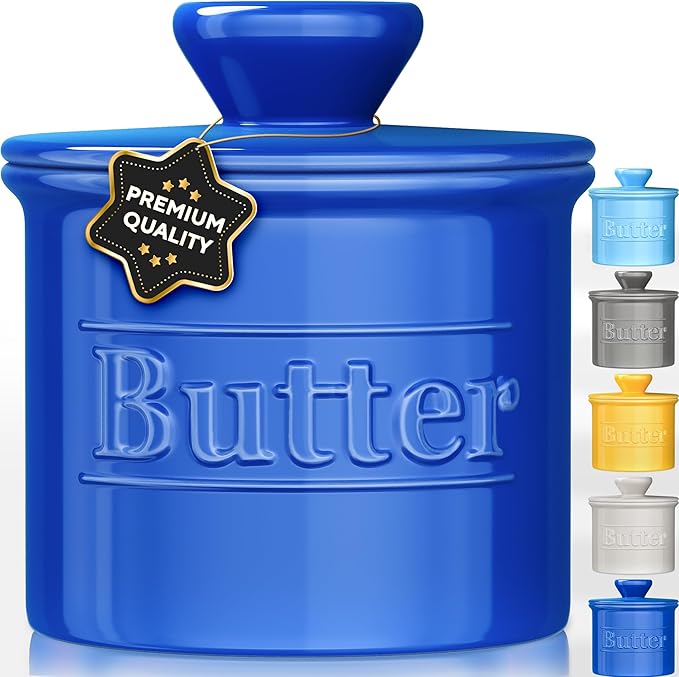 Premium Butter Crock with Lid - Original Design French Butter Dish - Beautiful Ceramic Butter Keeper for Counter with Water Line - Perfect to Keep Butter Soft and Spreadable - Dark Blue