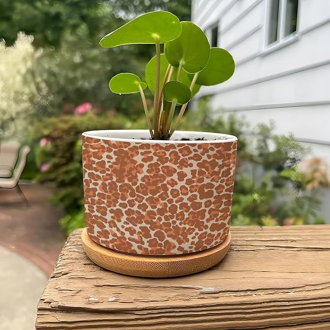 Cheetah Leopard Print Animal Orange And Light Brown Ceramic Pots for Plants with Drainage Holes Round Flower Pot Bamboo Tray Orchid Pot Succulents Pots for Outdoor Indoor Plants,New Home Gifts