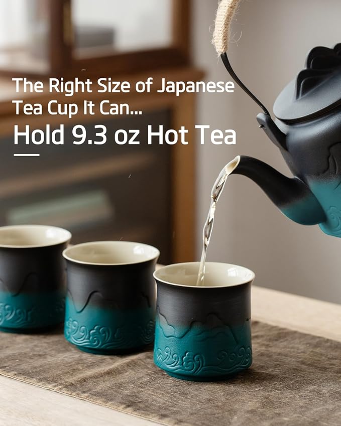 ZENS Japanese Tea Cups Set of 4 - Embossed 8 oz Ceramic Asian Cups for Loose or Matcha Tea - No Handles, Traditional Occupied Japan Style - Dark Green