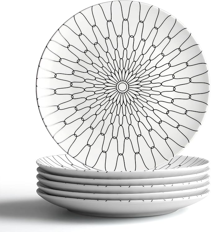 10-Inch Dinner Plates Set of 6, Black and White Grid Ceramic Plates, Large Checkerboard Design for Main Course, Restaurant-Style, Microwave & Oven Safe