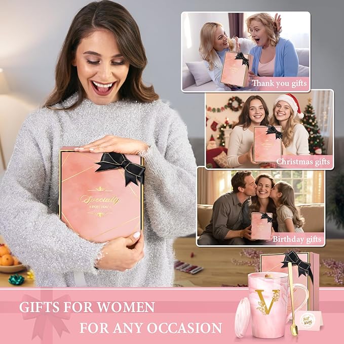 Coffee Mugs - Birthday Gifts for Women, Personalized Initial Customized Mug Tea Cup with Lid 14 Oz Pink, Spoon Greeting Card, Luxury Gift-Boxed Christmas Gift for Her Wife Mom Grandma Friend Unique,V