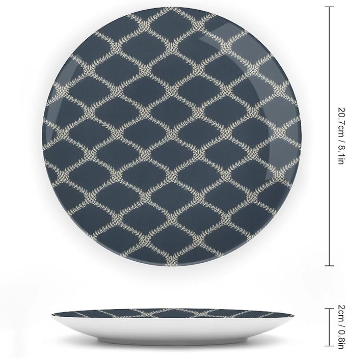 Home Decorations Ceramic Decorative Plate, Geometric Asian Check in Navy Blue Customize Christmas Gifts Porcelain Dessert Plate Set for Housewarming Gifts Household Home Decor, Including Bracket