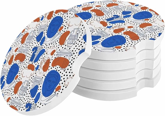 Pop Art Style Car Coasters Pack of 4 Blue Red Classical Sculptural Heads Polka Dot Absorbent Ceramic Car Cup Holder Coaster Insert Drink Holder SUV Interior Accessory with Finger Notch