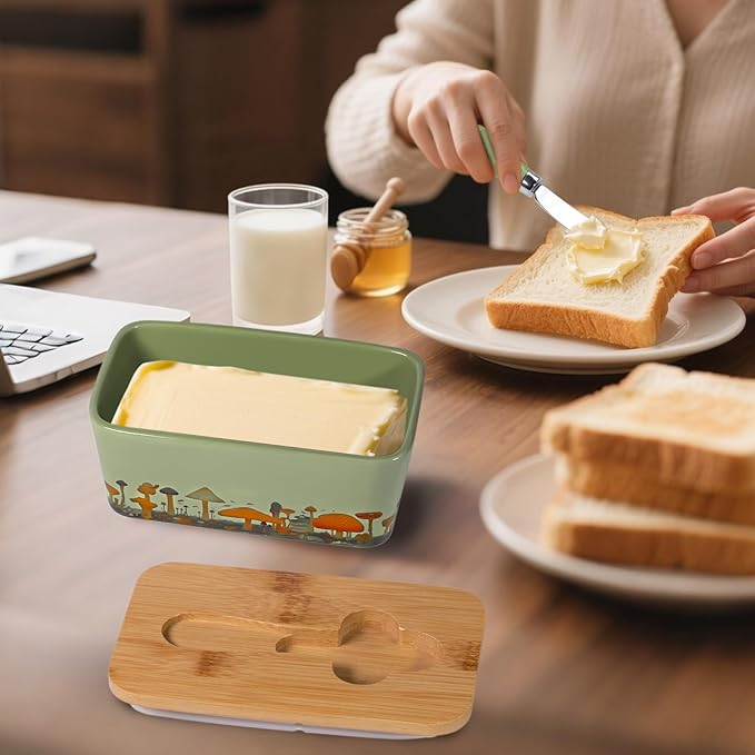 Mushroom Butter Dish with Lid,Large Butter Crock Keeper Saver,Ceramic Butter Container for Countertop with Highly Sealed Silicone Thick Wooden Lid for Kitchen Farmhouse Decor (Mint Green, Mushroom)