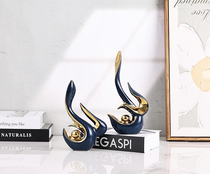 WUBIANJIE Mid Century Modern Abstract Art Home Decor Accent,Porcelain Statues for Living Room Coffee Table Centerpieces for Dining Room,Ceramic Sculptures and Gold Knick Knacks
