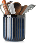 HASENSE Ceramic Utensil Holder, 7.3" x 6.2" Ribbed Utensil Crock for Farmhouse Decor, Porcelain Cooking Utensil Holder for Kitchen Countertop, Utensil Organizer for Housewarming Gift, Navy Blue