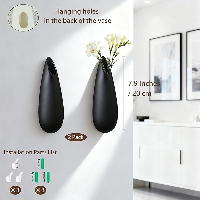 Sculptural Wall Ceramic Vase — 2 Pack Black Hanging Sconce Vase | Turn Flowers into Art — Decorative Ceramic Wall Sconce for Single Stem Displays