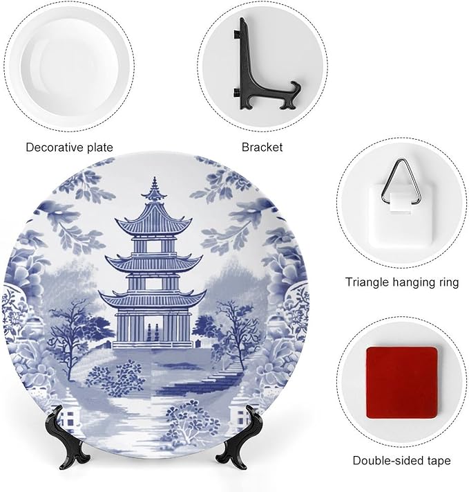 Chinoiserie Blue Asian Pagoda Ceramic Decorative Plate for Display Festival Art Decoration Supplies Home Wedding Holiday Party Decorations Customize Gifts for Men Women Anniversary, 6", 7", 9", 10"