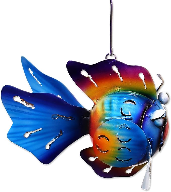 NOVICA Artisan Handmade Steel Hanging Tealight Holder Fish from Bali Blue Indonesia Lamps Lighting Candle Holders Animal Themed [9in H x 7.5in W x 6.25in D] ' Bright Fish'