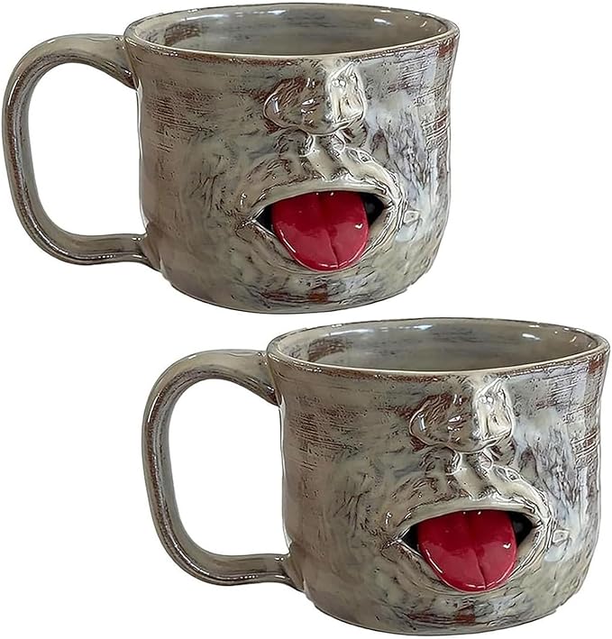 Handmade Face Shaped Ceramic Mug, Funky Novelty Sculptural Coffee Cup with Tongue, Unique Artisanal Pottery for Tea or Coffee, Perfect Gag Gift for Friends, Office & Home Decor (2pcs)