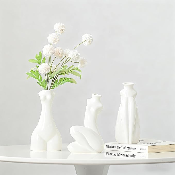 Abstract Body Shaped Ceramic Vase, Artistic White Ceramic Flower Vase for Home Decor, Table Centerpiece, Modern Aesthetic (Slender waist-7.87'' H)