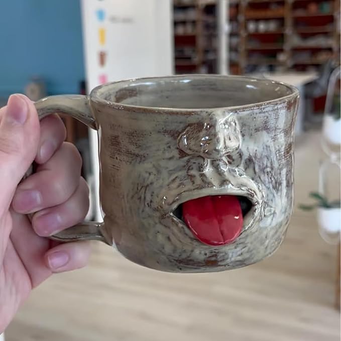 Handmade Face Shaped Ceramic Mug,Funny Tongue Out Facial Ceramic,Artistic Sculptural Facial Mug Cup,Unique Artisanal Pottery Mug,Novelty faces Gag Gifts for Friends Desk Decor.