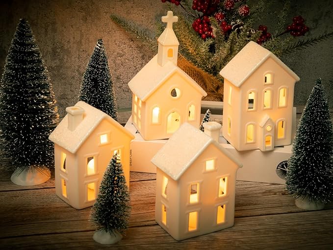 9 Pcs Christmas Village Figurines Sets - 4 Lighted Ceramic Houses with Remote Control & 5 Trees - Christmas Decorations Indoor - White Xmas Holiday Farmhouse Rustic Decor for Home Table Room
