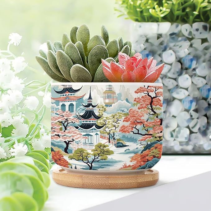1 Piece Blue Asia Tiered Tower Coral Pink Flower Small Pot for Flowers Asian Style Chinoiserie Succulent Planters for Indoor Chinoiserie Garden Scenery Ceramics Plant Pot