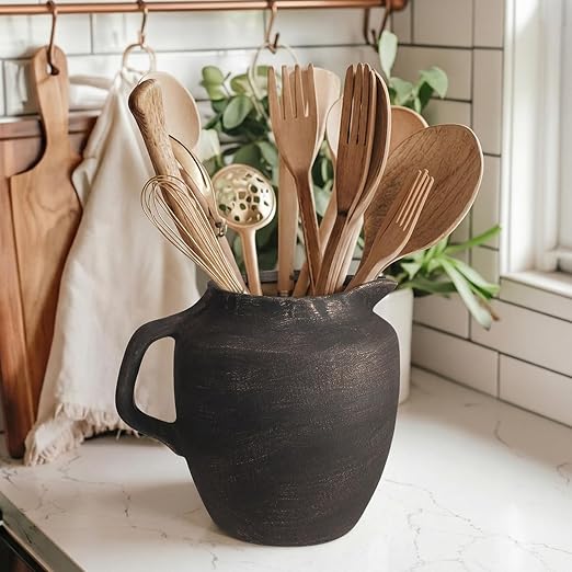 Rustic Kitchen Utensil Holder with Handle,7.48" H Ceramic Vintage Utensil Crock for Countertop, Farmhouse Kitchen Decoration Ceramic Pot for Spatulas Spoons Tongs(Novelty,Antique Black Gold)
