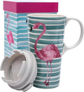 Topadorn Ceramic Travel Coffee Cup with Lid Ceramic Mug with Gift Box, Unique Coffee Mug for Latte & Hot Chocolate, Holiday Office Gift Her Him, Flamingo