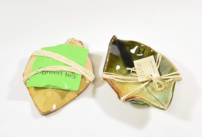 Earthen Vessels Pottery, Stoneware Hydrangea Leaf Spoon Rest, Tea Bag Coaster, Ring Dish or Tea Light Holder, Set of 3, In Summer Forest Green,