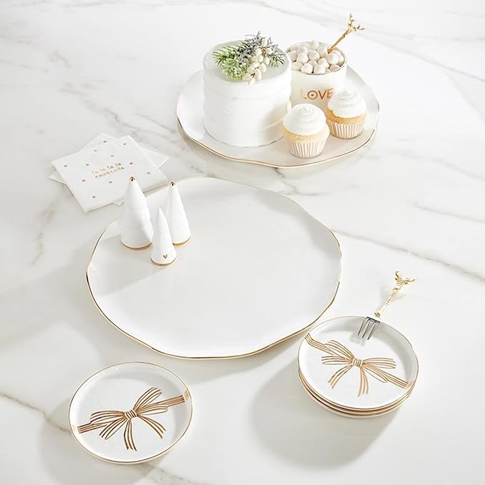 Santa Barbara Design Studio Round Serving Platter Rustic Organic Ceramic Tray, 13" Diameter, White w/Gold Rim
