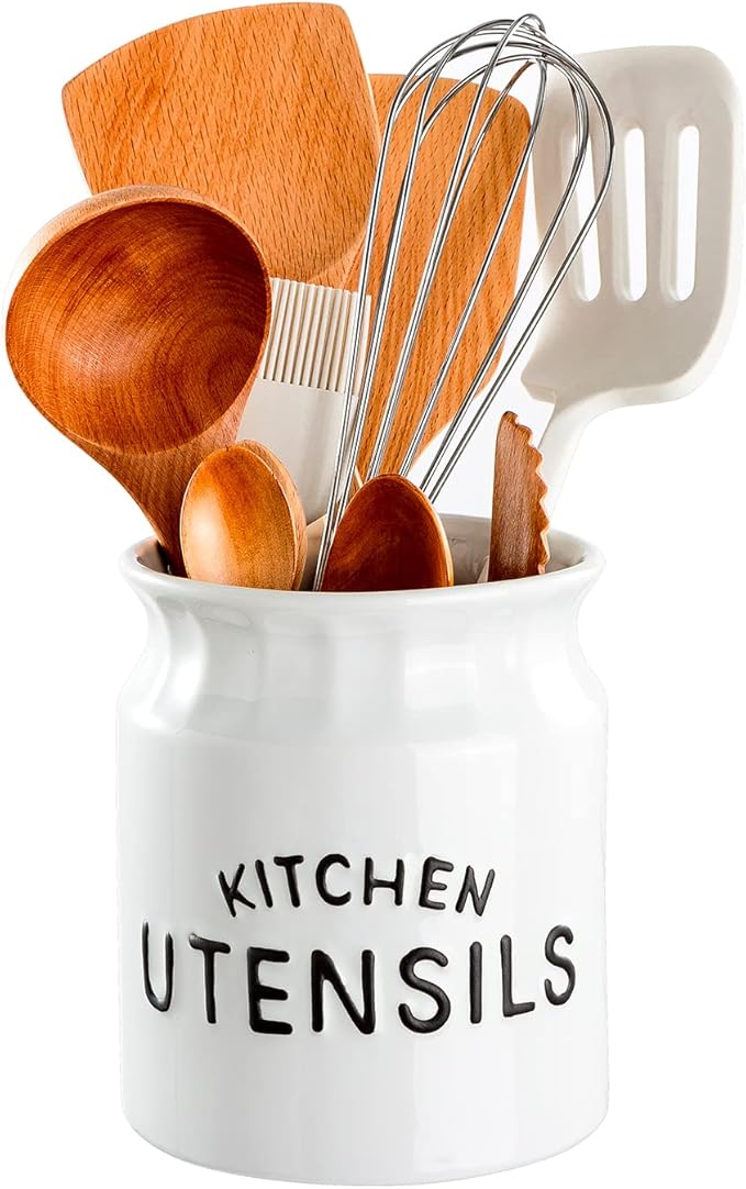 Utensil Holder, Ceramic Farmhouse Kitchen Utensil Holder for Kitchen Counter, 6.5" Large Cooking Utensil Crock for Countertop, White
