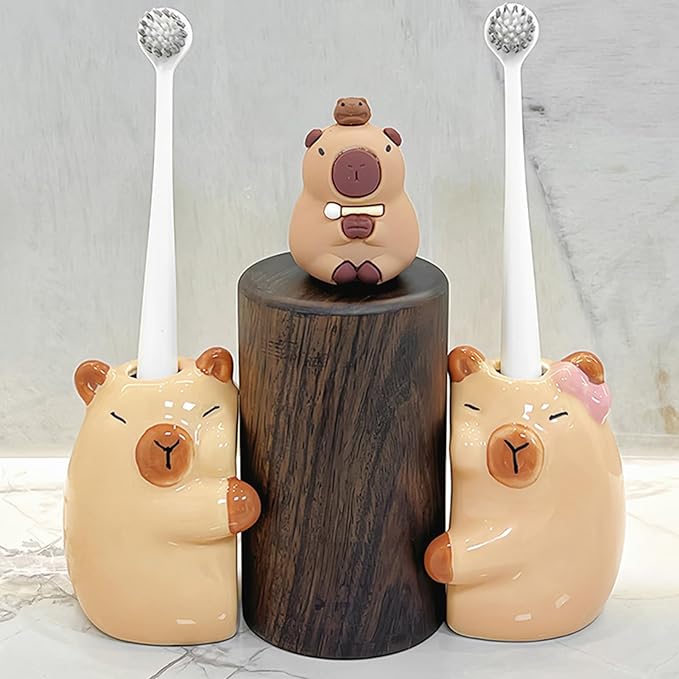 Toothbrush Holder - Creative Ceramic Hugging Capybara Brush Stand, Anti-Slip Cute Toothbrush Rack | Cartoon Capybara Pencil Container, Space-Saving Animal Holder for Vanity, Restroom, Desk